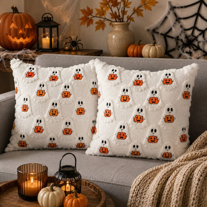 Housses de coussin Halloween avec fantômes blancs et citrouilles orange sur un canapé gris dans une ambiance chaleureuse d’automne.