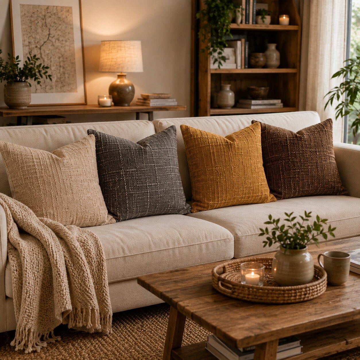 Housses de coussin 60x60 cm beige, gris, moutarde et café dans un salon chaleureux