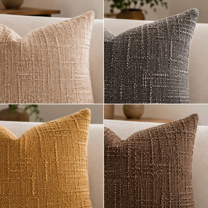 Housses de coussin 60x60 cm en tissu tissé beige, gris, moutarde et café