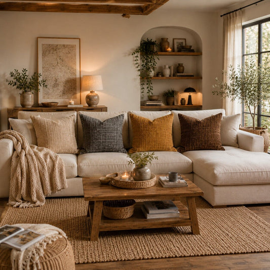 Housses de coussin 60x60 cm beige, gris, moutarde et café dans un salon cosy