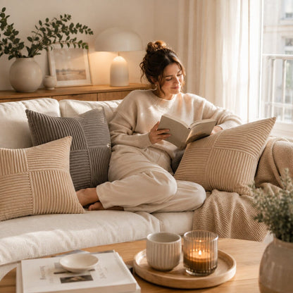 Housses de coussin beige et gris foncé en velours côtelé dans un salon cosy avec une femme lisant.