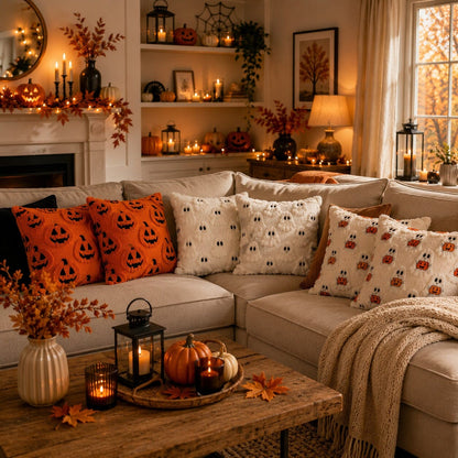 Salon chaleureux décoré pour Halloween avec trois variantes de housses de coussin, citrouilles orange, fantômes blancs et fantômes avec citrouilles.