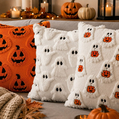Gros plan sur trois housses de coussin Halloween aux textures en relief, avec motifs de citrouilles orange, fantômes blancs et fantômes avec petites citrouilles.