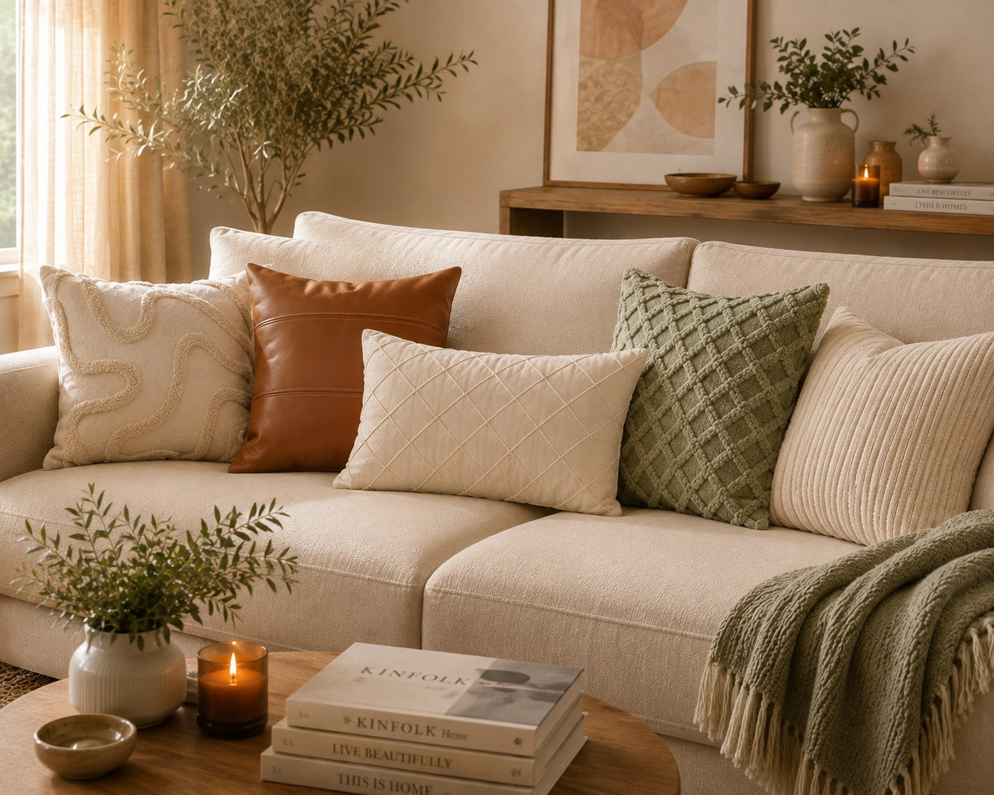 Salon chaleureux avec cinq housses de coussin aux textures et styles différents