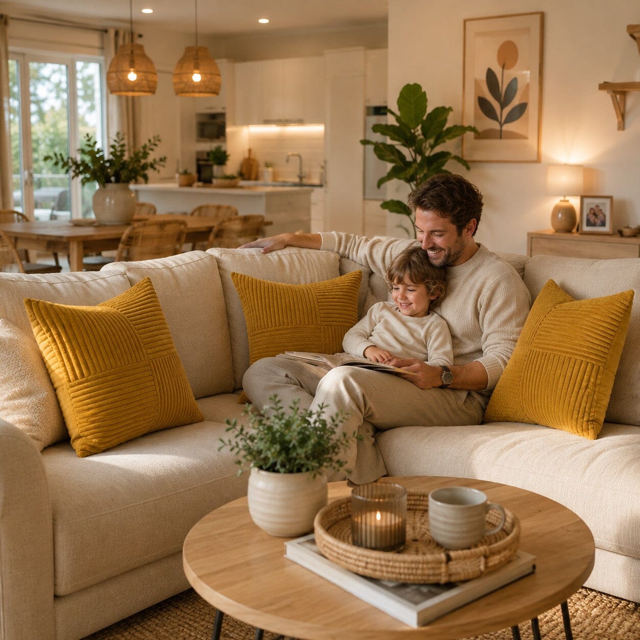 Housses de coussin moutarde en velours côtelé sur un canapé dans un salon familial chaleureux.