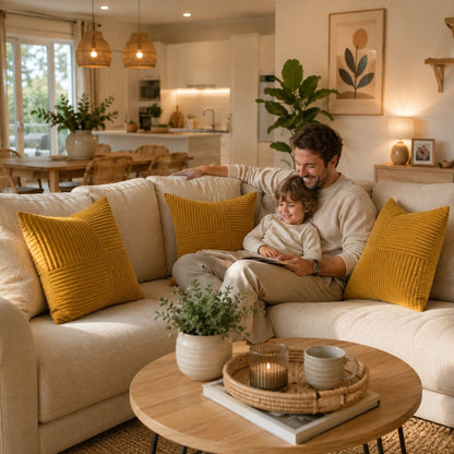 Housses de coussin moutarde en velours côtelé sur un canapé dans un salon familial chaleureux.
