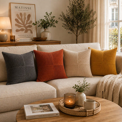 Housses de coussin en velours côtelé gris foncé, terracotta, beige et moutarde sur un canapé dans un salon chaleureux.