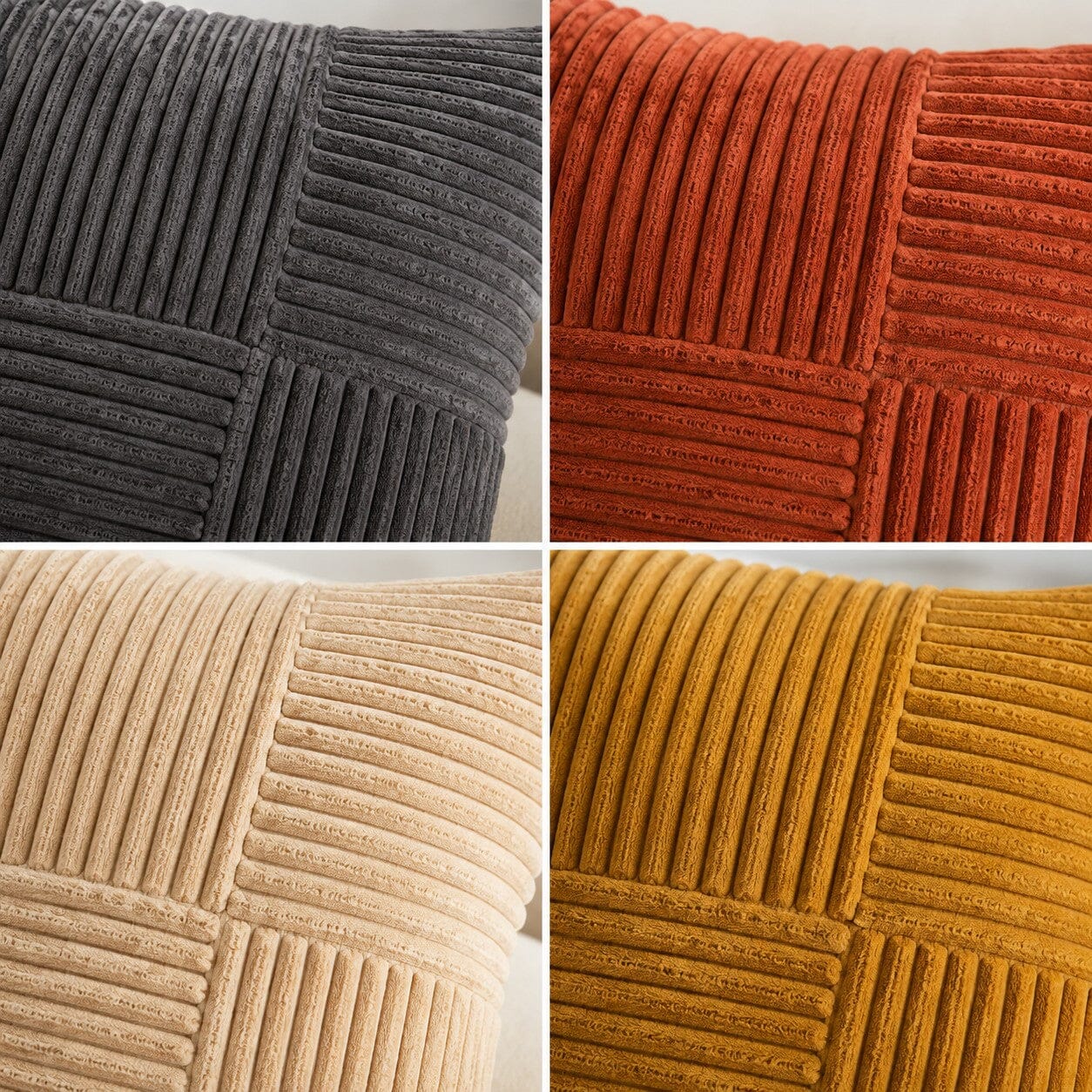 Gros plan sur quatre housses de coussin en velours côtelé gris foncé, terracotta, beige et moutarde, mettant en valeur leur texture et leur finition patchwork.