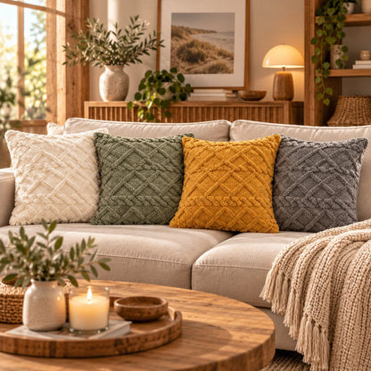 Housses de coussins Douceur Torsadée en blanc crème, vert amande, jaune moutarde et gris sur un canapé dans un salon chaleureux avec décoration en bois