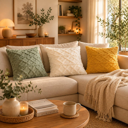 Housses de coussins Douceur Torsadée vert sauge, blanc crème et jaune moutarde dans un salon chaleureux