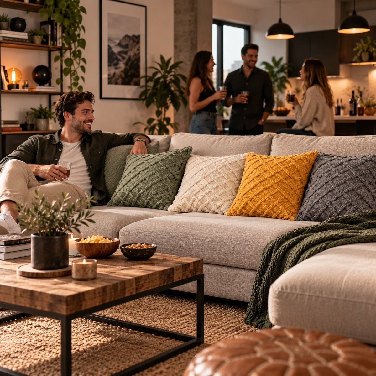Housses de coussins Douceur Torsadée en quatre coloris sur un canapé dans un salon chaleureux, avec des amis réunis pour une soirée conviviale