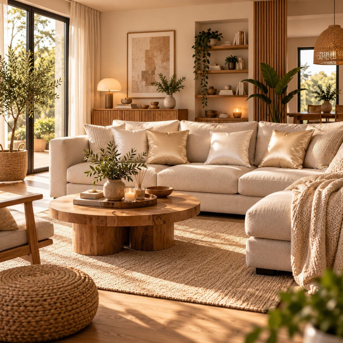 Housses de coussins Satin Élégance champagne et blanc crème sur un canapé dans un grand salon lumineux avec décoration en bois et plantes vertes