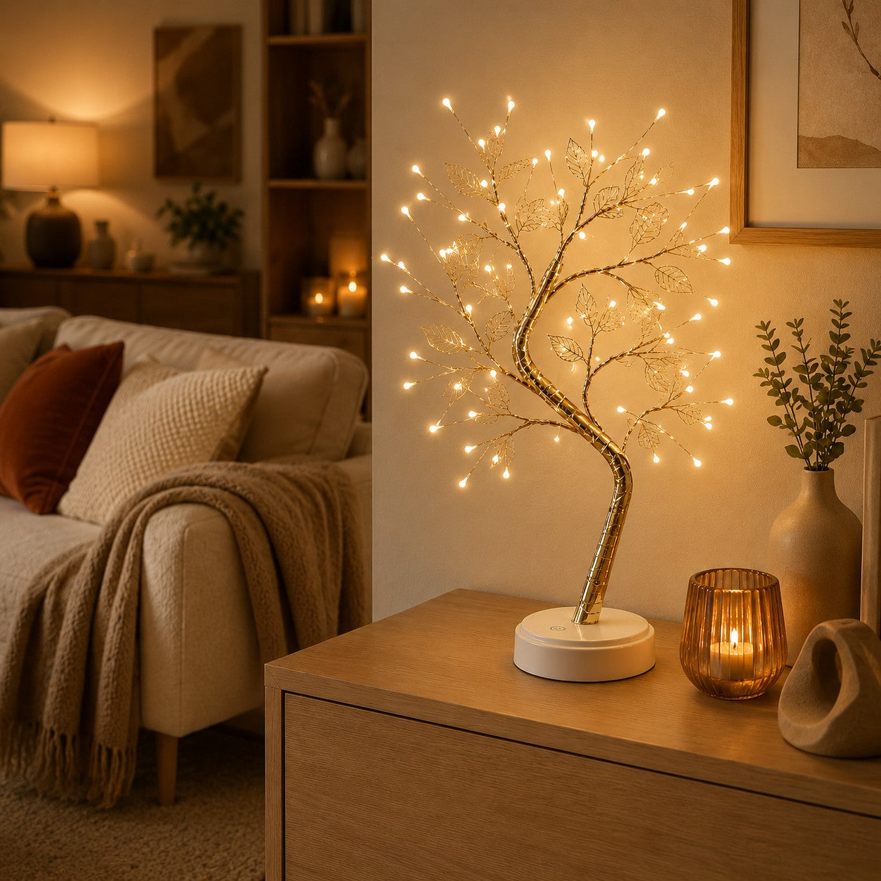 Lampe à poser salon Lueur Enchantée en forme d’arbre lumineux dans un salon chaleureux aux tons naturels