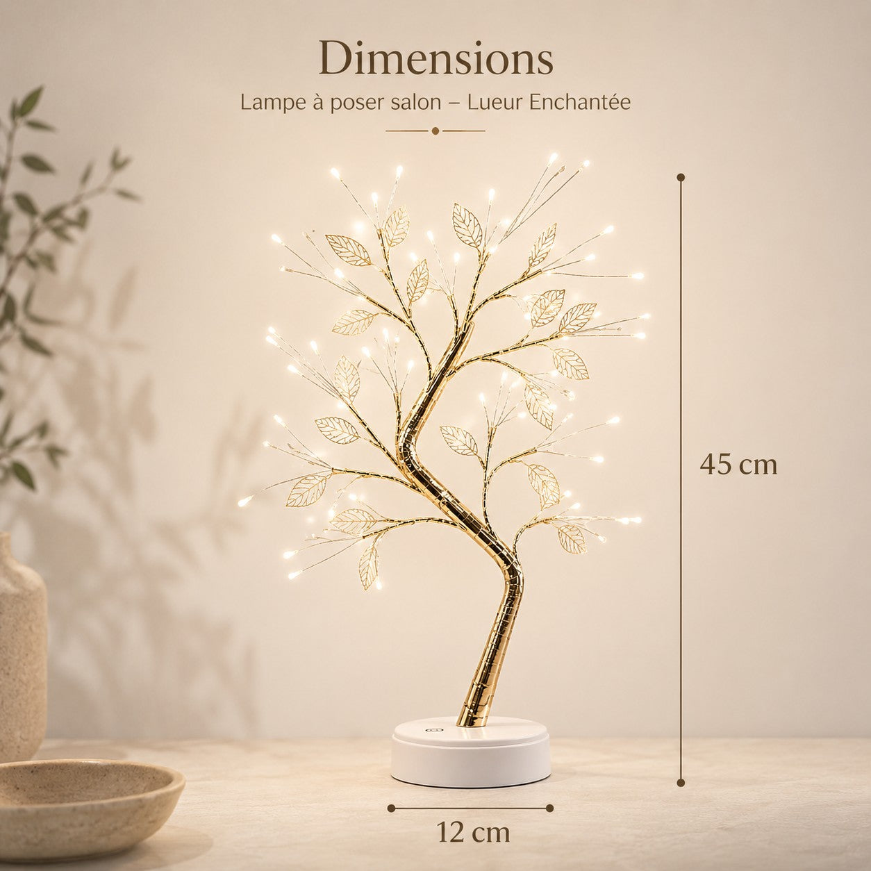 Dimensions de la lampe à poser salon Lueur Enchantée : 45 cm de hauteur et 12 cm de largeur