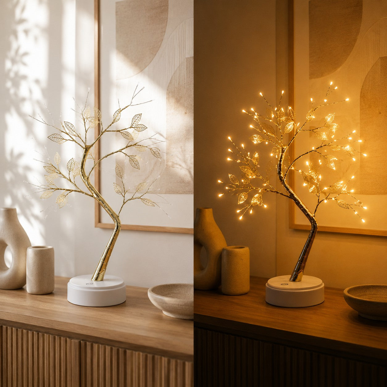 Lampe à poser salon Lueur Enchantée présentée de jour et de nuit dans un intérieur aux tons naturels