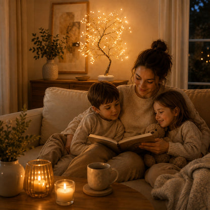 Lampe à poser salon Lueur Enchantée créant une ambiance chaleureuse pour un moment de détente en famille