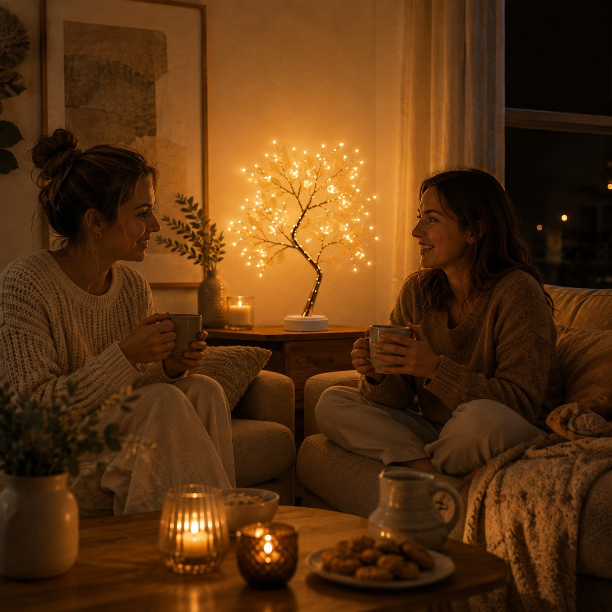 Lampe à poser salon Lueur Enchantée créant une ambiance chaleureuse pour un moment de partage entre amis