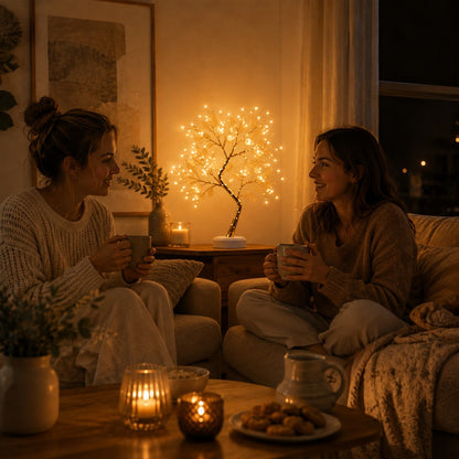 Lampe à poser salon Lueur Enchantée créant une ambiance chaleureuse pour un moment de partage entre amis