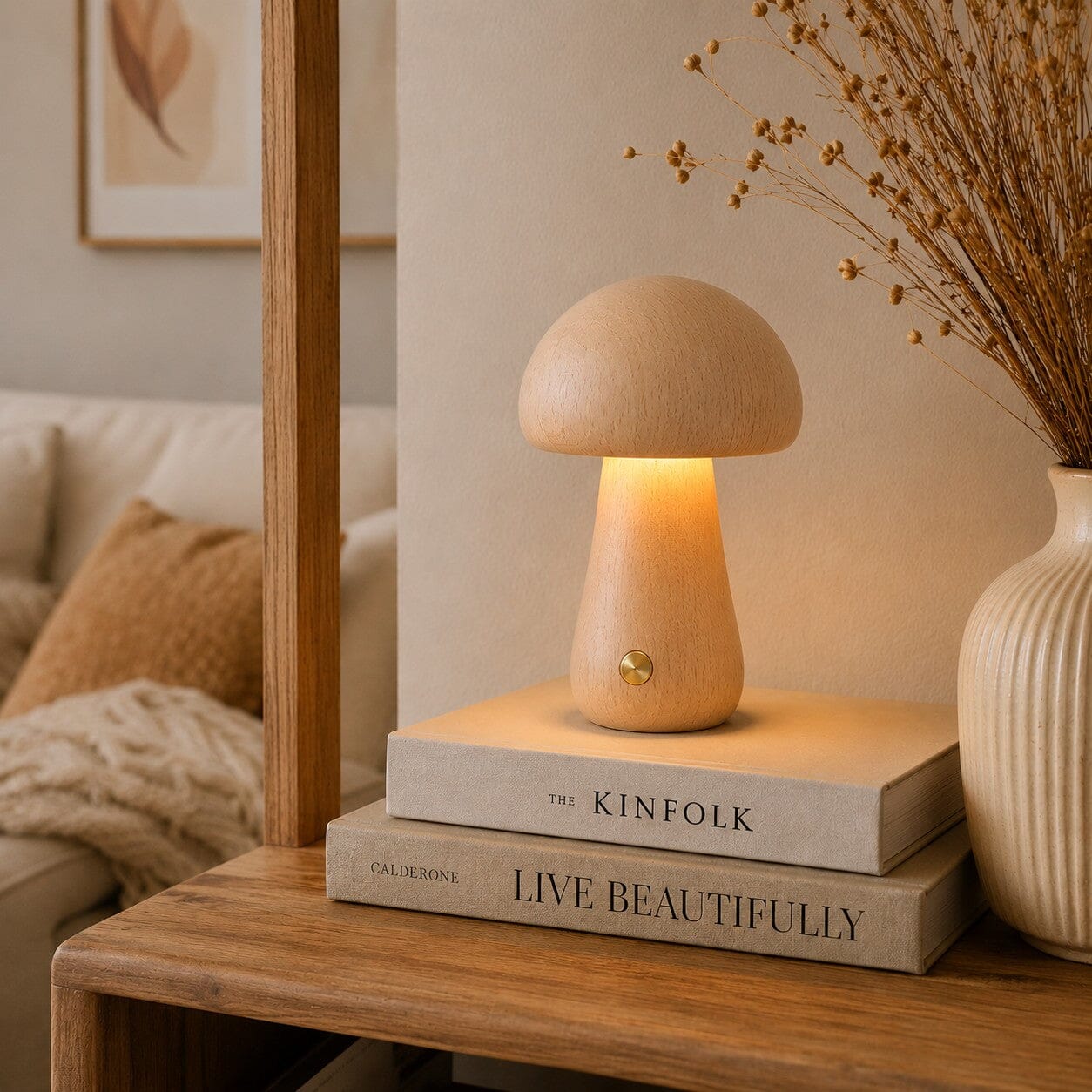 Lampe champignon design en bois de hêtre, lumière douce et chaleureuse, posée sur une étagère dans un salon