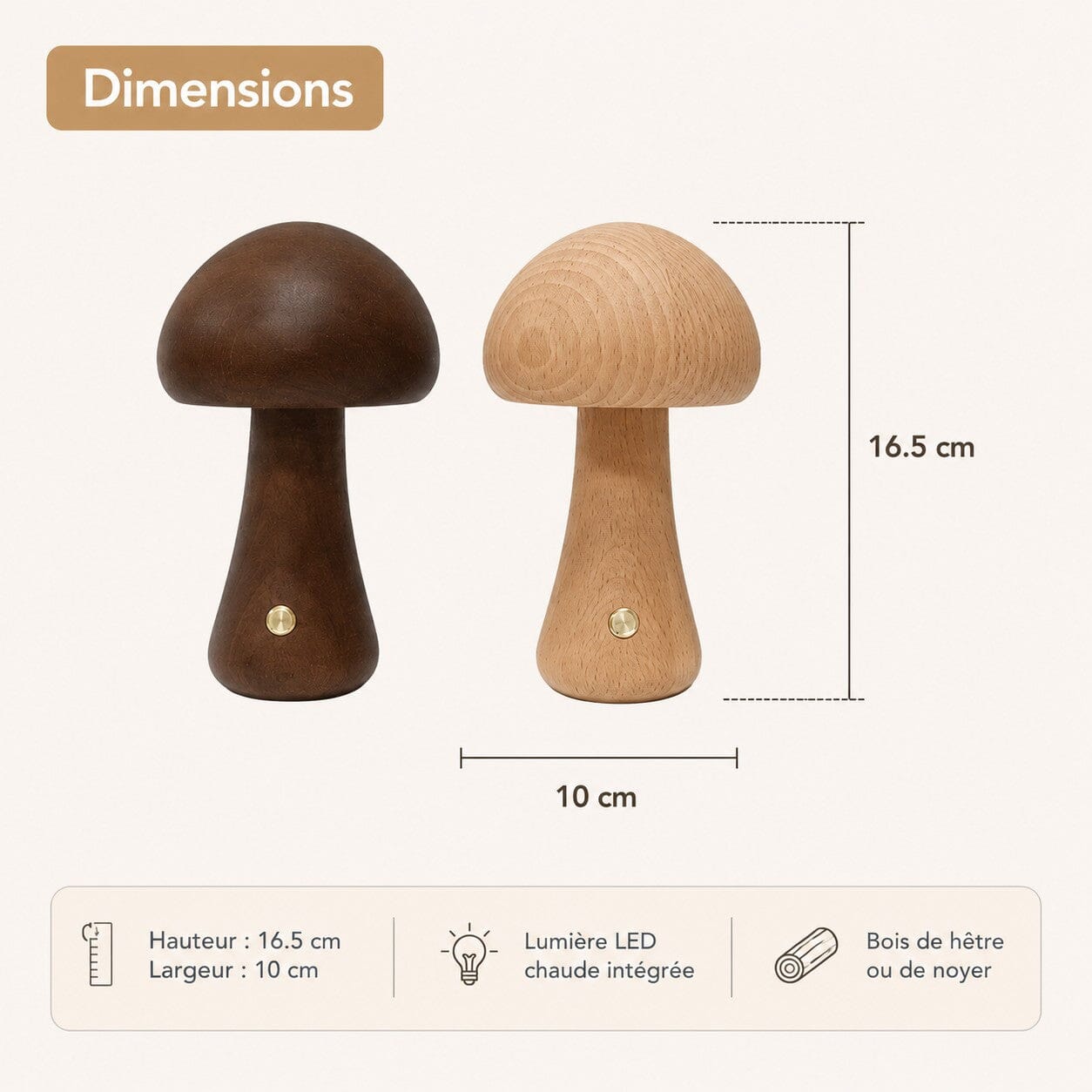 Dimensions de la lampe champignon design Lueur des Bois en bois de noyer ou de hêtre, 16,5 cm de hauteur et 10 cm de largeur