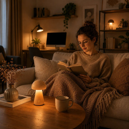 Lampe champignon design en bois de hêtre diffusant une lumière chaude près d’un canapé dans un salon cosy