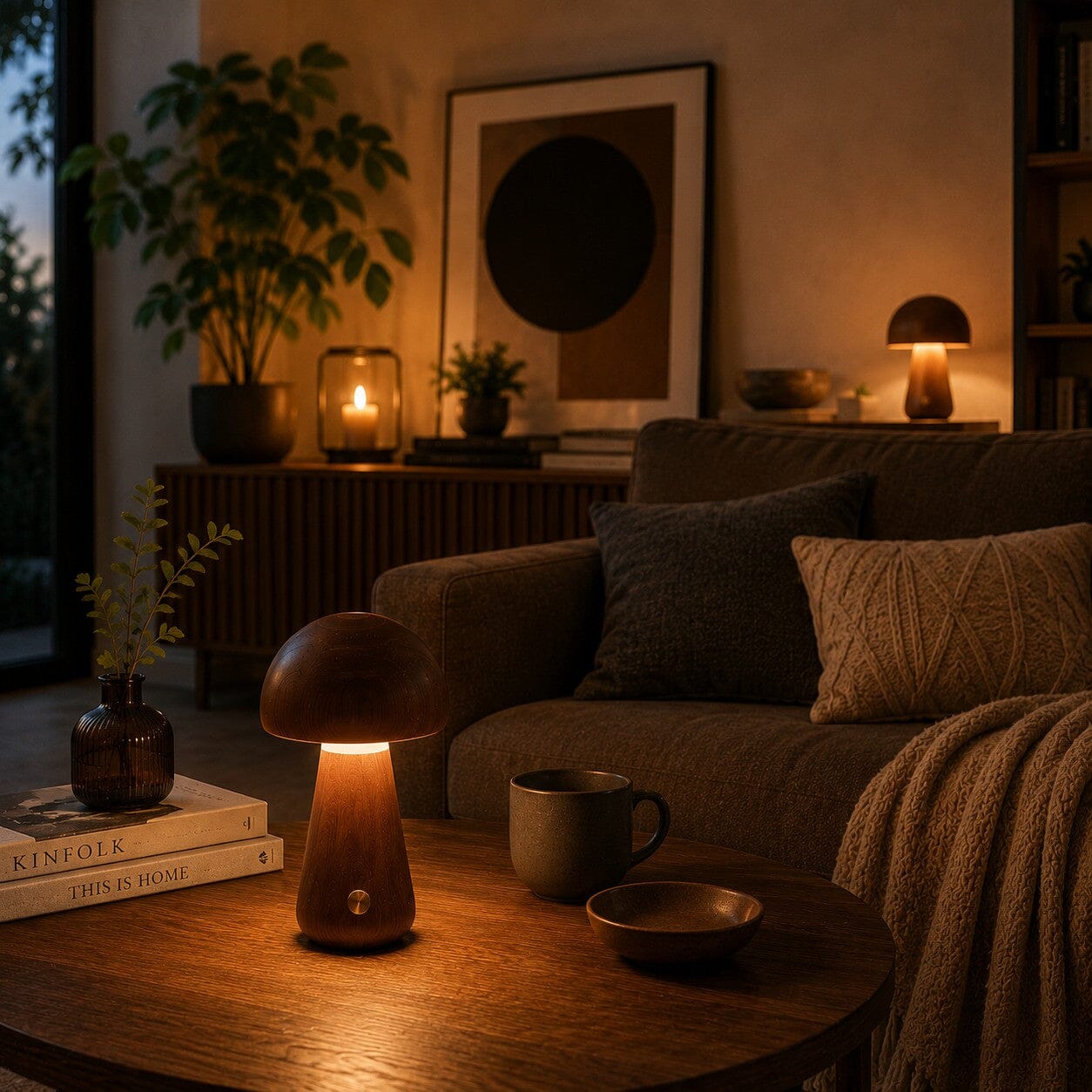 Lampe champignon design en bois de noyer diffusant une lumière chaleureuse dans un salon cosy