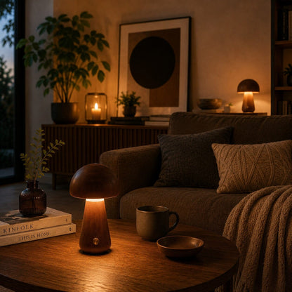 Lampe champignon design en bois de noyer diffusant une lumière chaleureuse dans un salon cosy