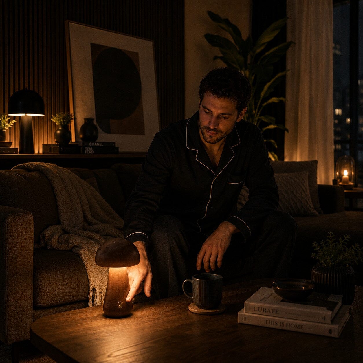 Lampe champignon design en bois de noyer éteinte par commande tactile dans un salon chaleureux