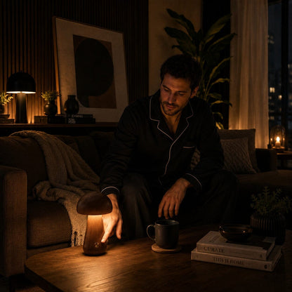 Lampe champignon design en bois de noyer éteinte par commande tactile dans un salon chaleureux