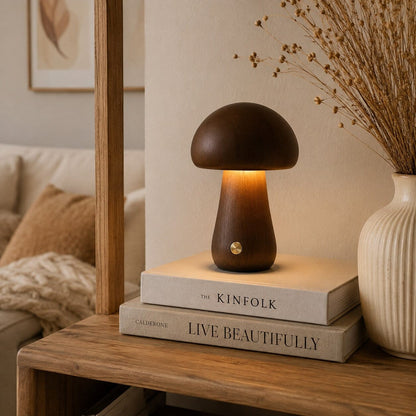 Lampe champignon design en bois de noyer, lumière douce et chaleureuse, posée sur une étagère dans un salon