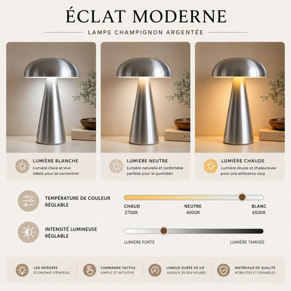 Lampe champignon argentée Éclat Moderne avec éclairage blanc, neutre et chaud, température et intensité réglables