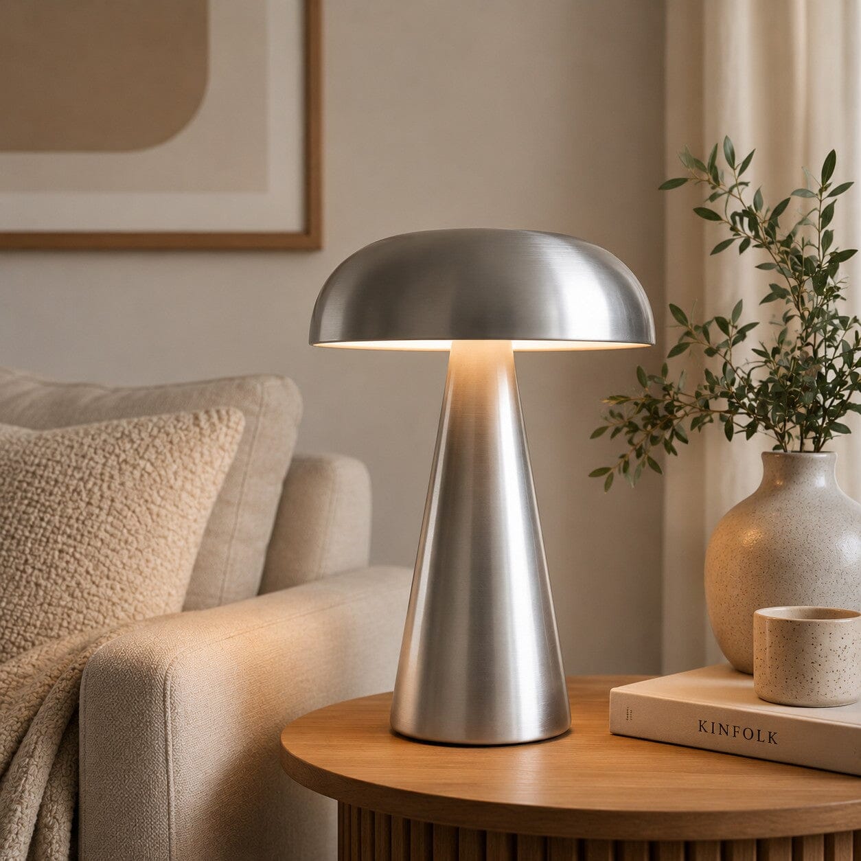 Lampe champignon argentée Éclat Moderne diffusant une lumière chaleureuse dans un salon élégant
