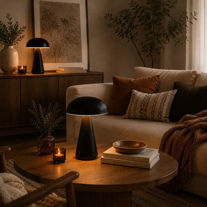 Lampes champignon noires Éclat Moderne dans un salon, présentées sur une table basse et une commode
