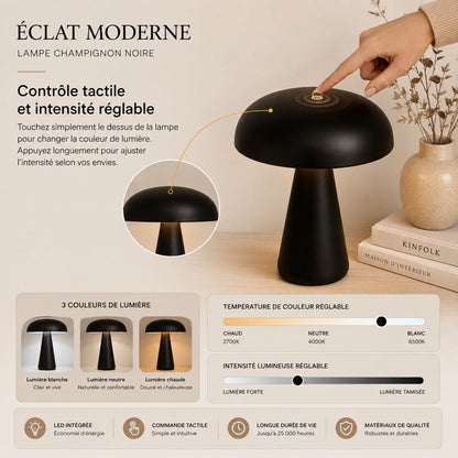 Lampe champignon noire Éclat Moderne avec commande tactile, éclairage réglable et trois températures de lumière