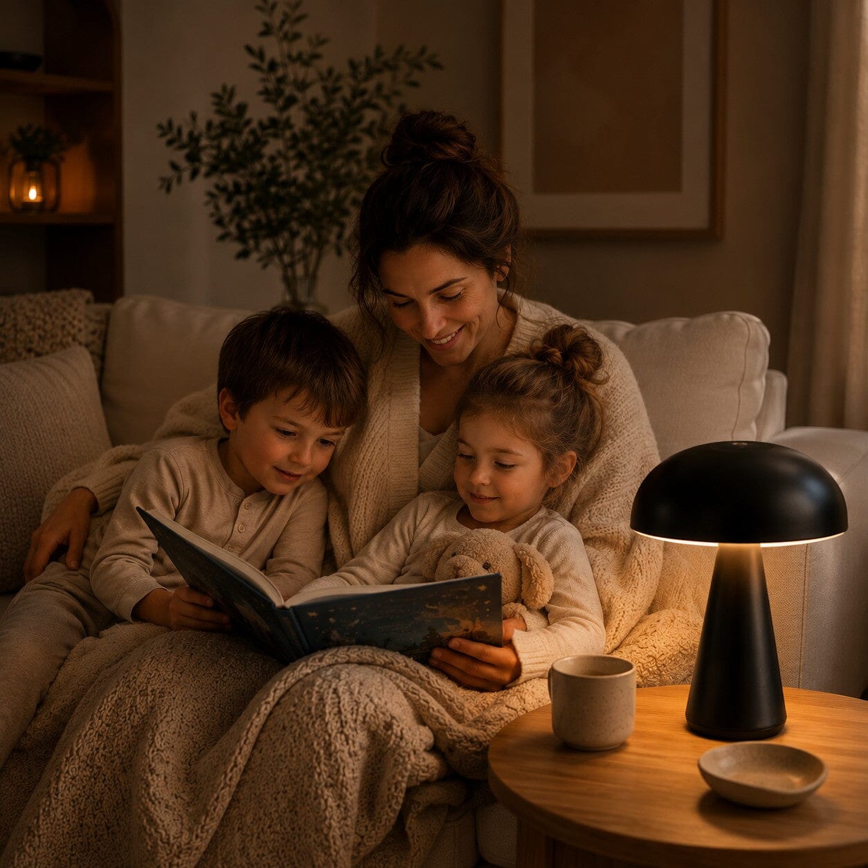 Lampe champignon noire Éclat Moderne diffusant une lumière douce dans un salon lors d’un moment en famille
