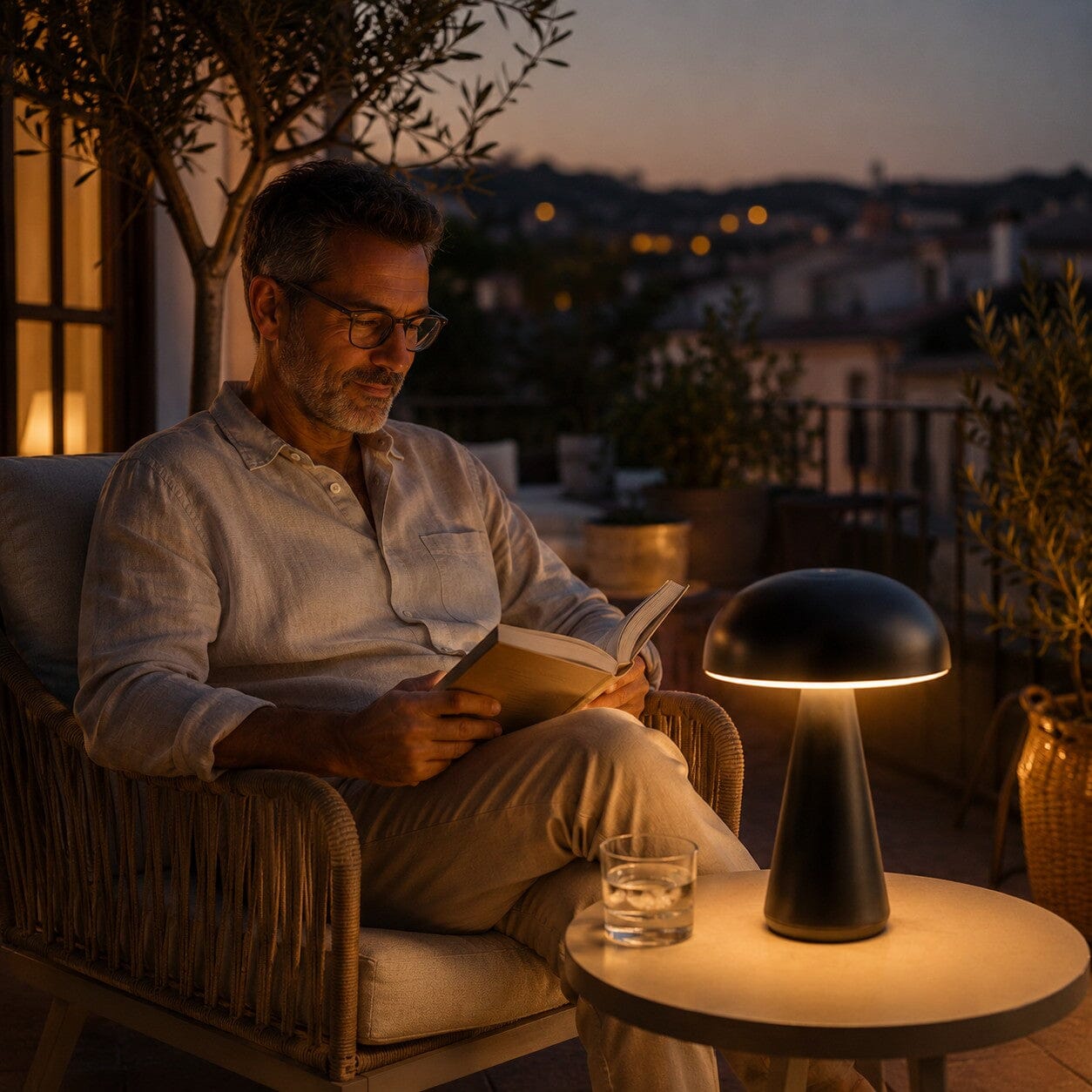 Lampe champignon noire Éclat Moderne rechargeable sur une terrasse au coucher du soleil