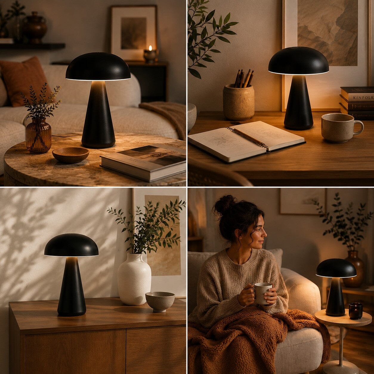Lampe champignon noire Éclat Moderne mise en scène sur une table basse, un bureau et une console dans différents intérieurs