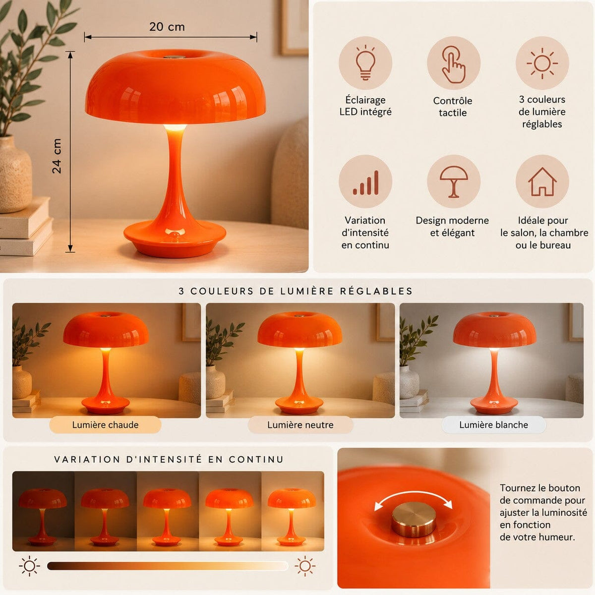 Fiche technique de la lampe champignon Éclat Solaire avec éclairage LED, contrôle tactile, 3 couleurs de lumière réglables et variation d’intensité en continu.