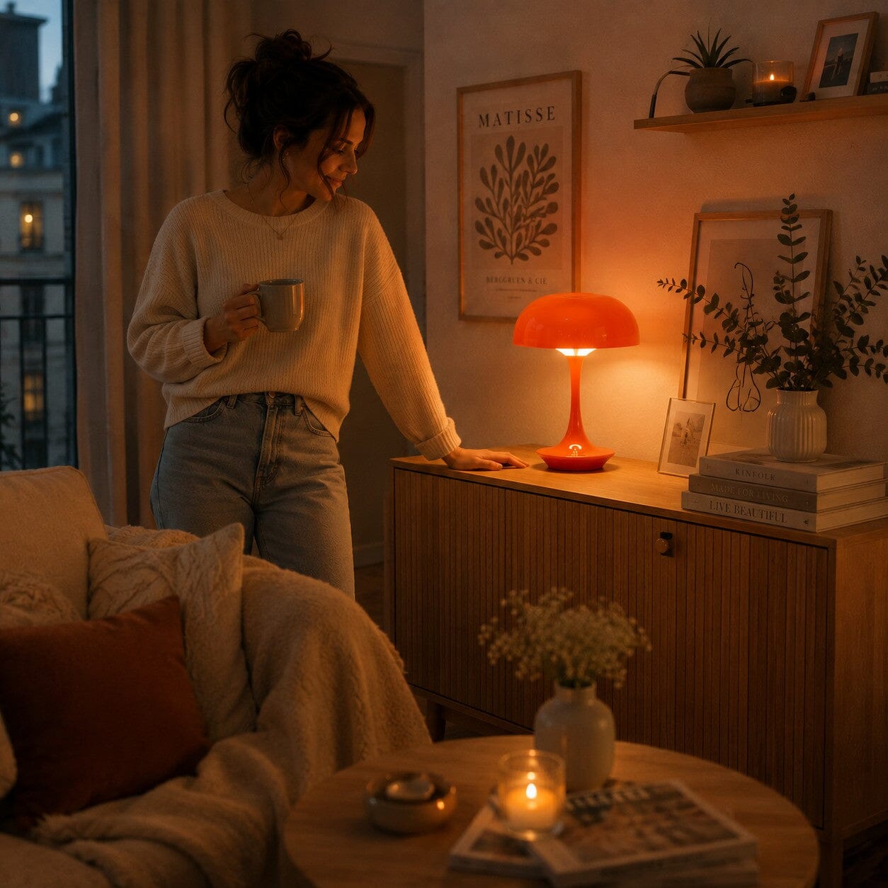 Lampe champignon orange Éclat Solaire posée sur un buffet en bois dans un salon chaleureux