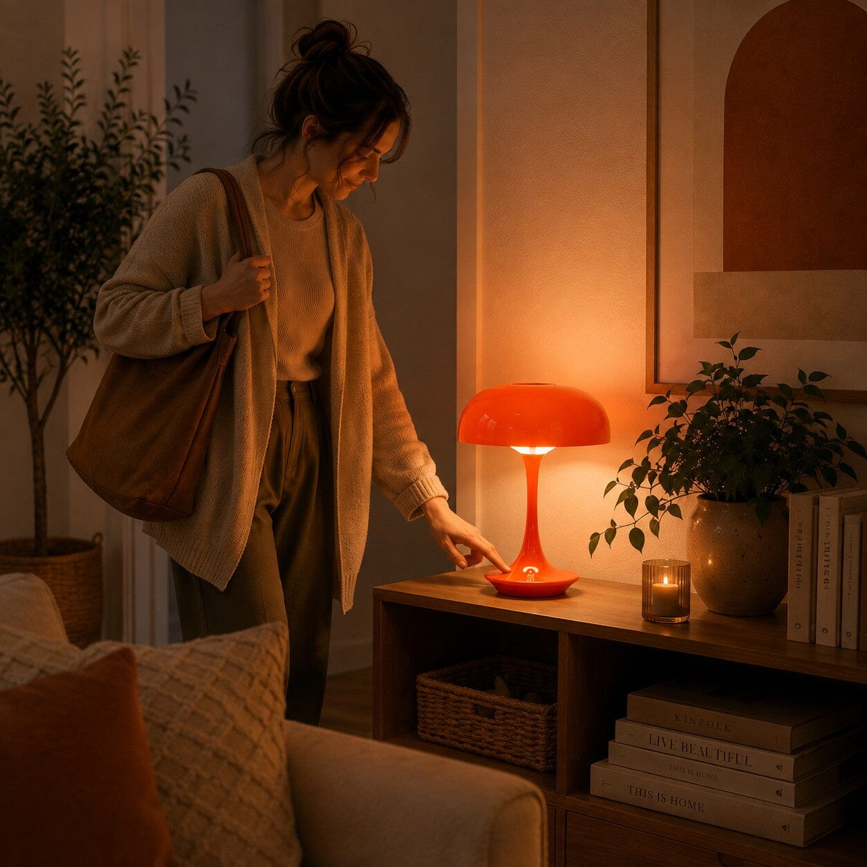 Lampe champignon orange Éclat Solaire à commande tactile dans un salon chaleureux