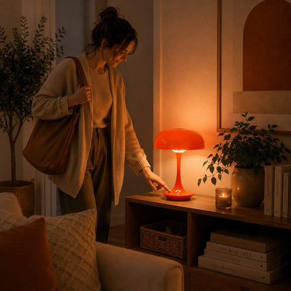 Lampe champignon orange Éclat Solaire à commande tactile dans un salon chaleureux