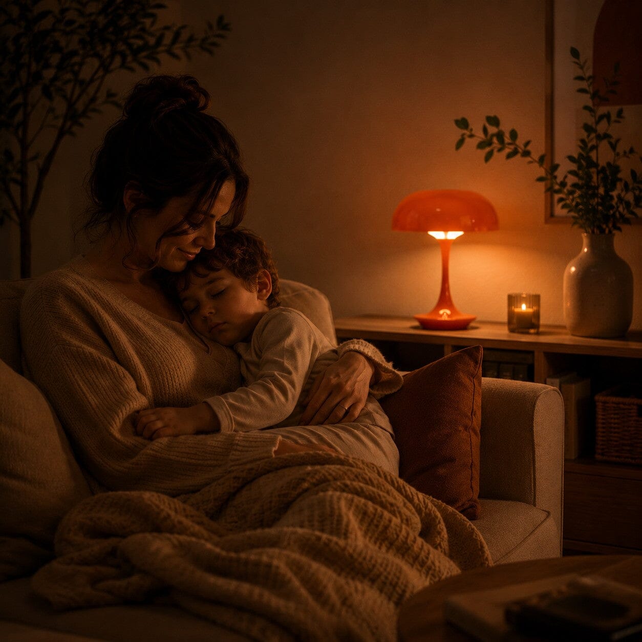 Lampe champignon orange Éclat Solaire diffusant une lumière douce dans un salon pendant un moment de tendresse entre une maman et son enfant