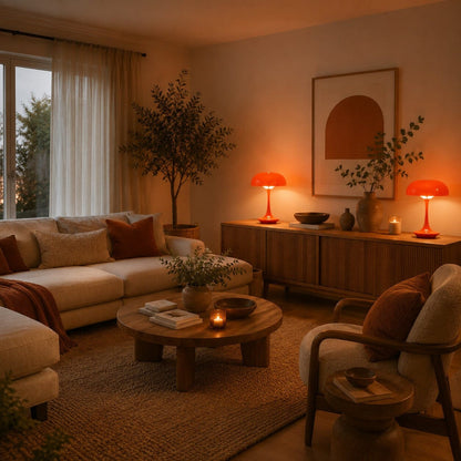 Lampe champignon orange Éclat Solaire dans un salon chaleureux aux tons naturels