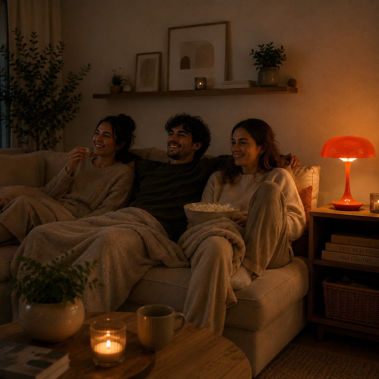 Lampe champignon orange Éclat Solaire créant une lumière tamisée dans un salon pendant une soirée film entre amis