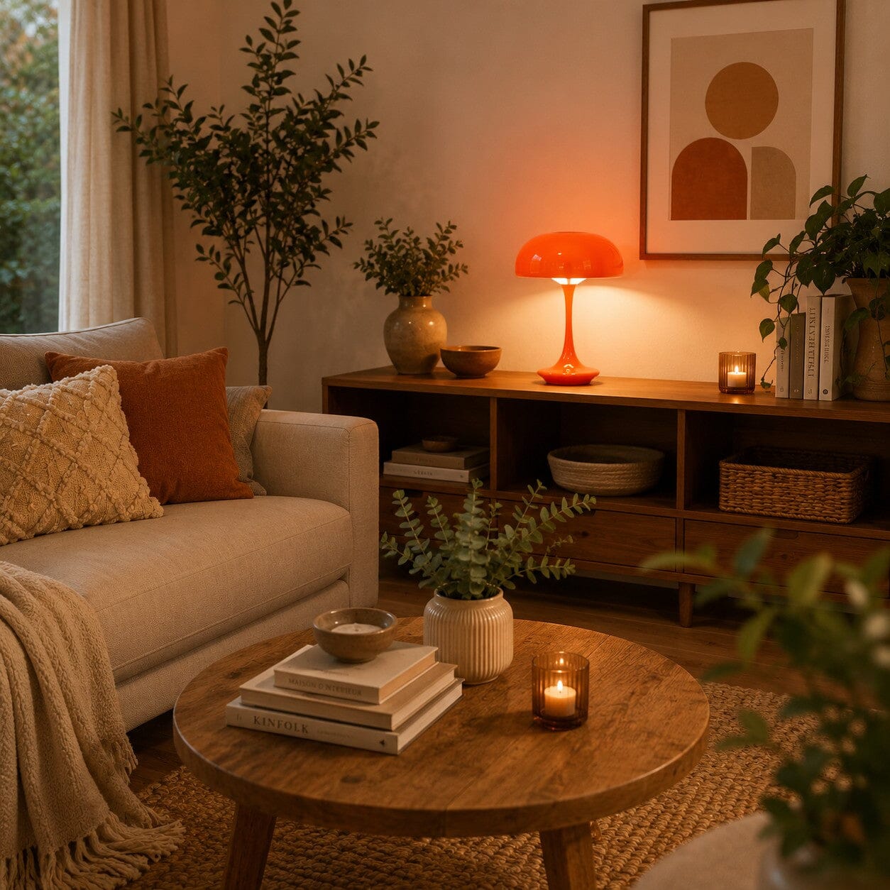 Lampe champignon orange Éclat Solaire allumée dans un salon chaleureux