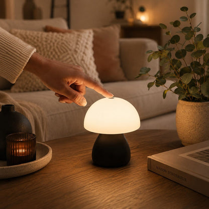 Lampe champignon Petite Nocturne noire à commande tactile dans un salon chaleureux