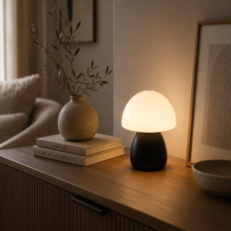 Lampe champignon Petite Nocturne noire allumée sur une console en bois dans un intérieur chaleureux