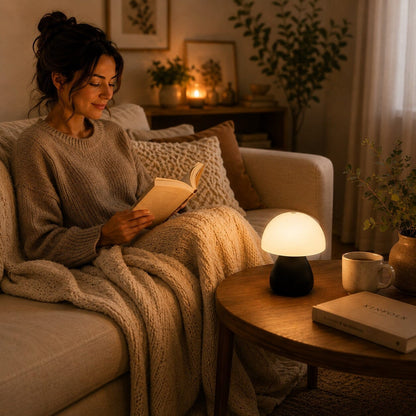 Lampe champignon Petite Nocturne noire éclairant un moment de lecture dans un salon cosy