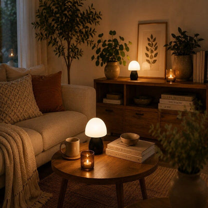 Lampe champignon Petite Nocturne noire sur un meuble bas entourée de plantes dans un salon chaleureux