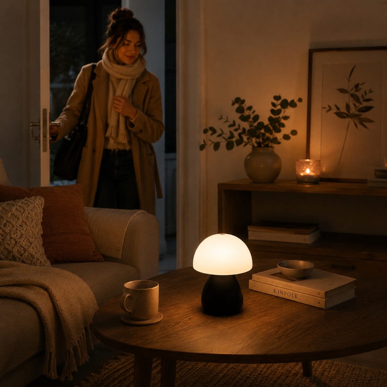 Lampe champignon Petite Nocturne allumée dans un salon chaleureux au retour à la maison